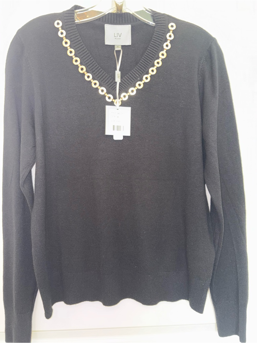 Milano Black V-Neck Sweater with Gold Eyelet Trim